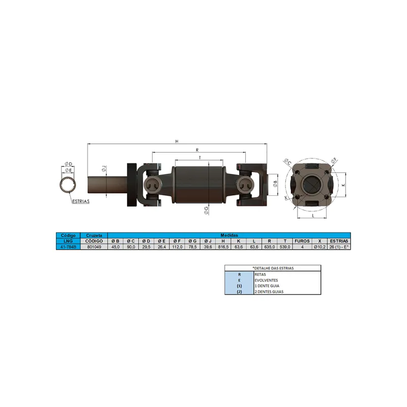Cardan Completo Diant. Hyundai Hr A- 820 Mm Fechado B- 635 Mm C- 540