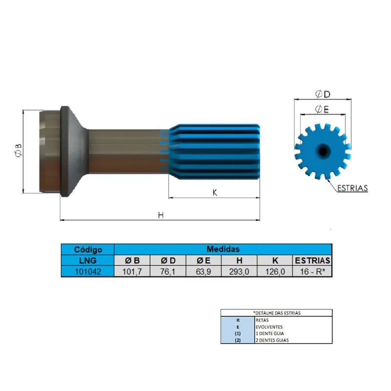 Ponteira Cardan Tras. Vw/ Volvo/ Scania/ Mbb/ Ford 16 Estrias Tubo