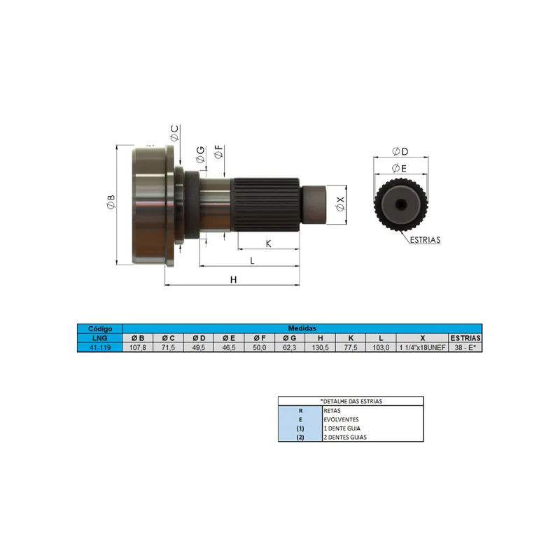 Ponteira Cardan (C/Rosca) Vw/ Mbb/ Ford/ Navistar 38 Estrias Rolam.
