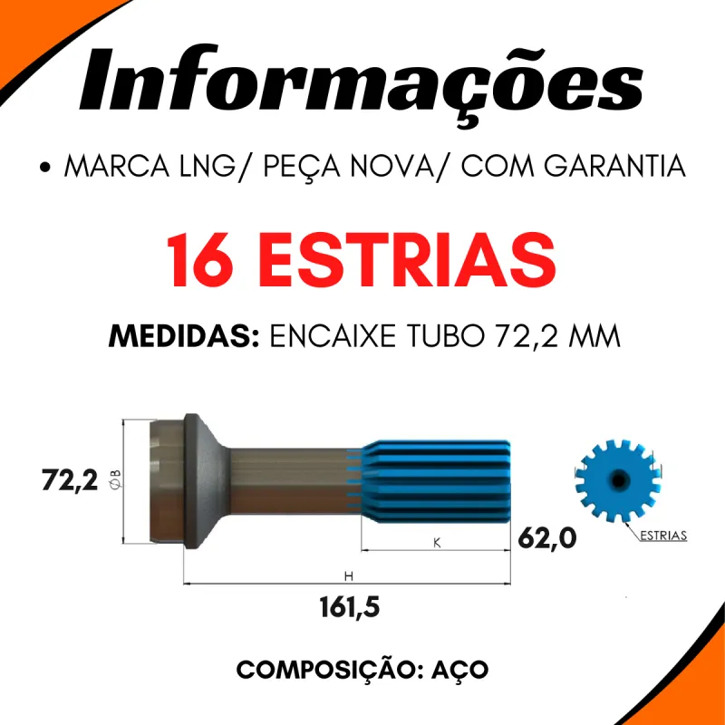 Ponteira Cardan Tras. Agrale/ Troller/ Ford/ Gm 16 Estrias Tubo 95,1