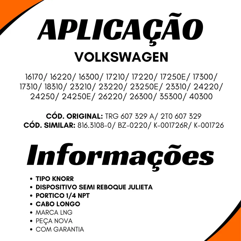 Válvula Freio Mão Vw 16170/ 16220/ 24220/ 24250/ 35300/ 16300/