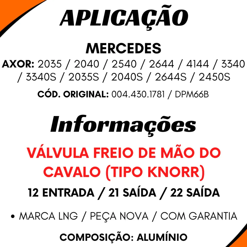 Válvula Freio Mão Mbb Axor 2035, 2035s, 2040s, 2644s, 3340, 3340s,