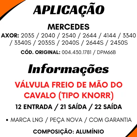Válvula Freio Mão Mbb Axor 2035, 2035s, 2040s, 2644s, 3340, 3340s,