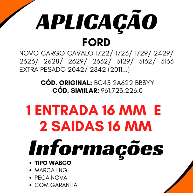 Válvula Freio Mão Ford Cargo Cavalo 1722, 1723, 1729, 2429, 2623,