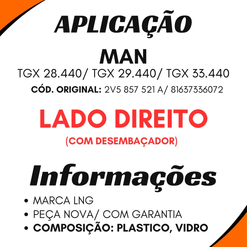 Vidro Espelho Dir. C/Desemb. Vw Tgx 29440/ 33440/ 28440