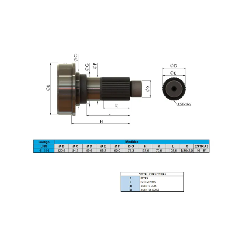 Ponteira Cardan (C/Rosca) Mbb/ Iveco/ Volvo 46 Estrias Rolam. 60 Mm