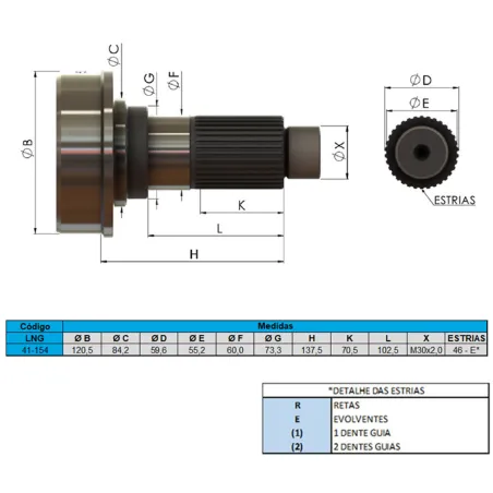 Ponteira Cardan (C/Rosca) Mbb/ Iveco/ Volvo 46 Estrias Rolam. 60 Mm